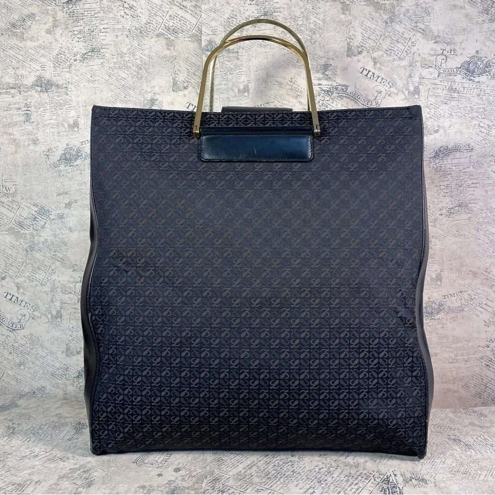 LOEWE Vintage Anagram Monogram Canvas Tote Black Leather Large Spain